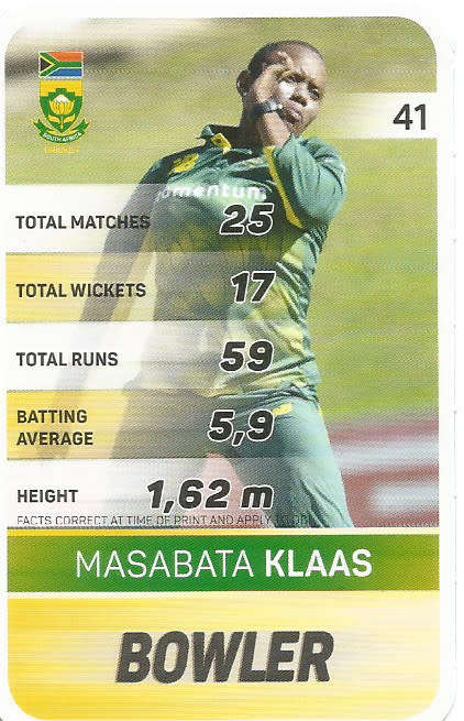 MASABATA KLAAS - PICK&PAY "S.A. CRICKET SUPERCARDS"  TRADING CARD 41