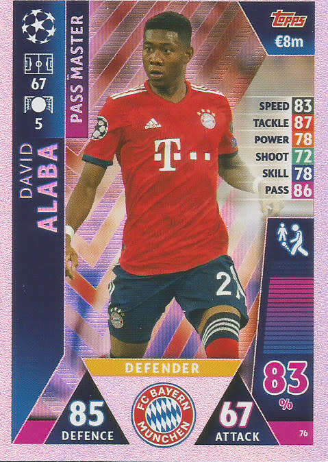 DAVID ALABA - CHAMPIONS LEAGUE 2018/19 -  "PASS MASTER" FOIL TRADING CARD 76
