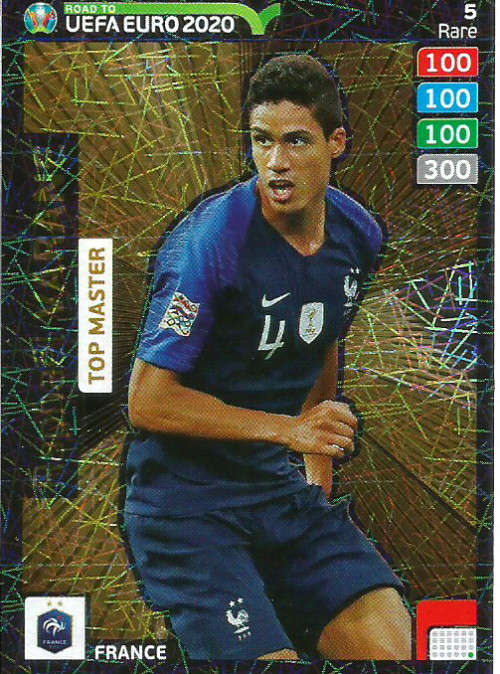 RAPHAEL VARANE - PANINI "ROAD TO EURO 2020 - "RARE "TOP MASTER" FOIL TRADING CARD 5