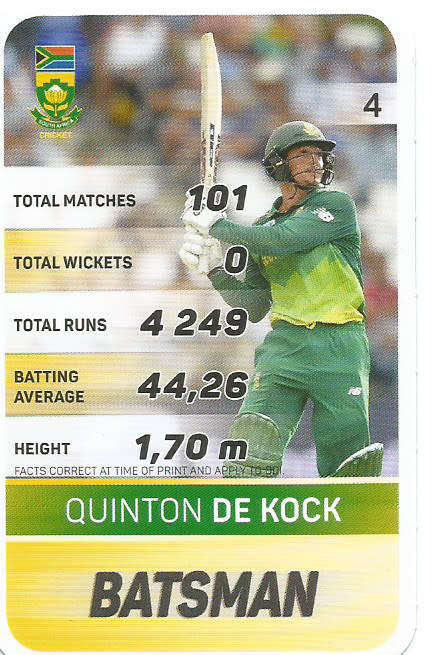 QUINTON DE KOCK - PICK&PAY "S.A. CRICKET SUPERCARDS"  TRADING CARD 4