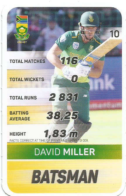 DAVID MILLER - PICK&PAY "S.A. CRICKET SUPERCARDS"  TRADING CARD 10