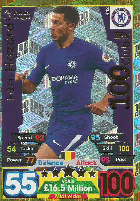 EDEN HAZARD - MATCH ATTAX 2017/18 - GOLD "CLUB 100" TRADING CARD 442