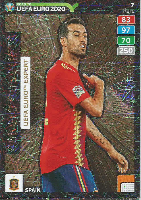 SERGIO BUSQUETS - PANINI "ROAD TO EURO 2020 - "RARE "EXPERT" FOIL TRADING CARD 7