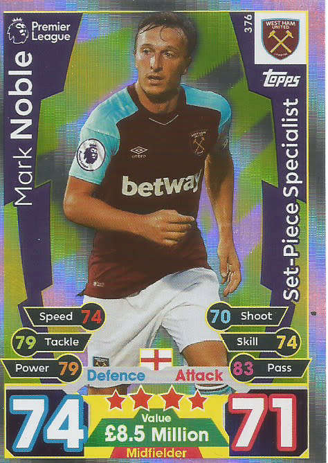 MARK NOBLE  - MATCH ATTAX 2017/18 - SILVER "SET-PIECE SPECIALIST" TRADING CARD 376