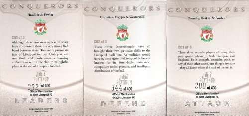 LIVERPOOL - FUTERA "CONQUERORS SET 2001" - "RARE" SET OF 3 "LIMITED EDITION" TRADING CARDS
