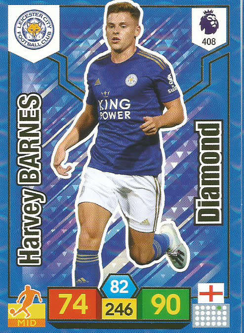 HARVEY BARNES - EPL ADRENALYN XL 2019/20 - BLUE FOIL "DIAMOND" TRADING CARD 408