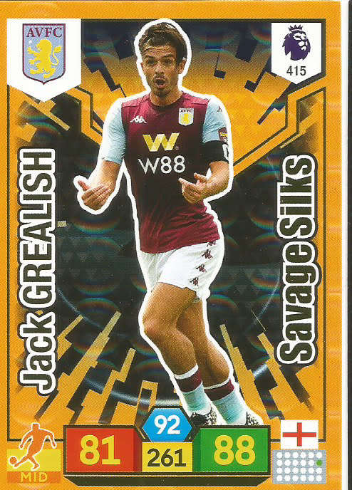JACK GREALISH - EPL ADRENALYN XL 2019/20 - ORANGE FOIL "SAVAGE SKILLS" TRADING CARD 415