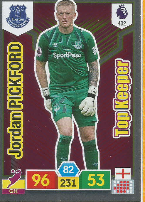 JORDAN PICKFORD - EPL ADRENALYN XL 2019/20 - VIOLET FOIL "TOP KEEPER" TRADING CARD 402