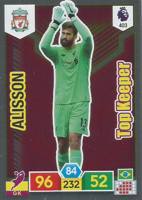 ALISSON - EPL ADRENALYN XL 2019/20 - VIOLET FOIL "TOP KEEPER" TRADING CARD 403
