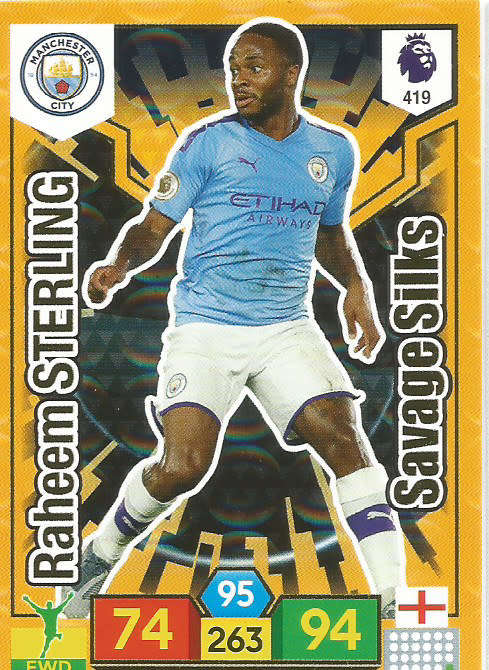 RAHEEM STERLING - EPL ADRENALYN XL 2019/20 - ORANGE FOIL "SAVAGE SKILLS" TRADING CARD 419