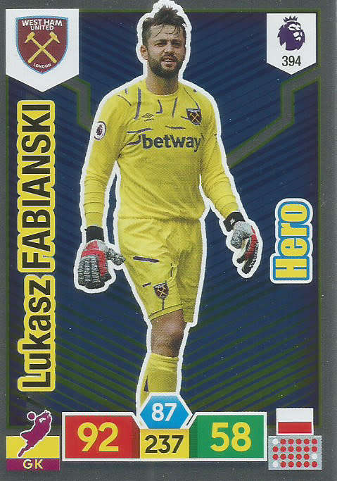 LUKASZ FABIANSKI - EPL ADRENALYN XL 2019/20 - FOIL "HERO" TRADING CARD 394
