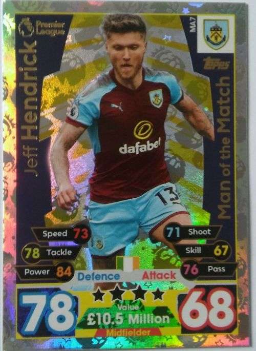 JEFF HENDRICK  - MATCH ATTAX "EXTRA"  2018 - GOLD "MAN of the MATCH" TRADING CARD MA07