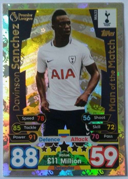 DAVINSON SANCHEZ  - MATCH ATTAX "EXTRA"  2018 - GOLD "MAN of the MATCH" TRADING CARD MA33