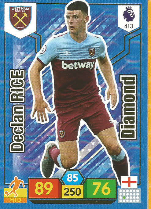 DECLAN RICE - EPL ADRENALYN XL 2019/20 - BLUE FOIL "DIAMOND" TRADING CARD 413