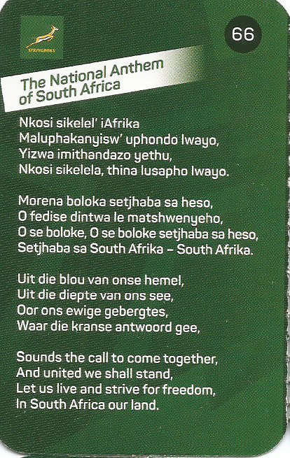 NATIONAL  ANTHEM -  2019 Pick n Pay Rugby World Cup  COLLECTION CARD 66