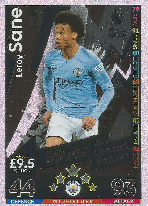 LEROY SANE - MATCH ATTAX 2018/2019 - SILVER "LIMITED EDITION" TRADING CARD LE3S