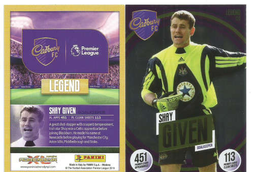 SHAY GIVEN - ENGLISH PREMIER LEAGUE 2020 - CADBURY FC PROMO - "LIMITED EDITION LEGEND" TRADING CARD