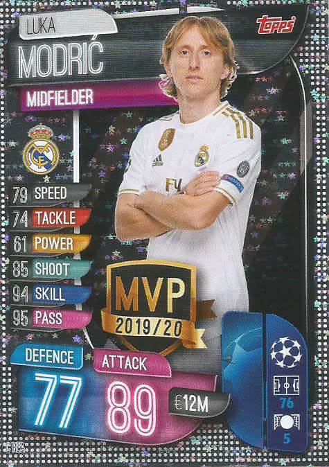 LUKA MODRIC - TOPPS `CHAMPIONS LEAGUE` 2019/20 -  SILVER FOIL `MVP` TRADING CARD - C RM