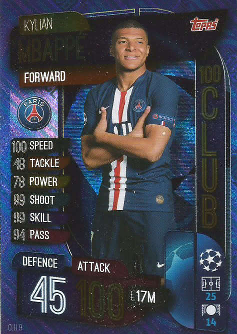 KYLIAN MBAPPE - CHAMPIONS LEAGUE 2019/20 -  BLUE FOIL `CLUB 100` TRADING CARD