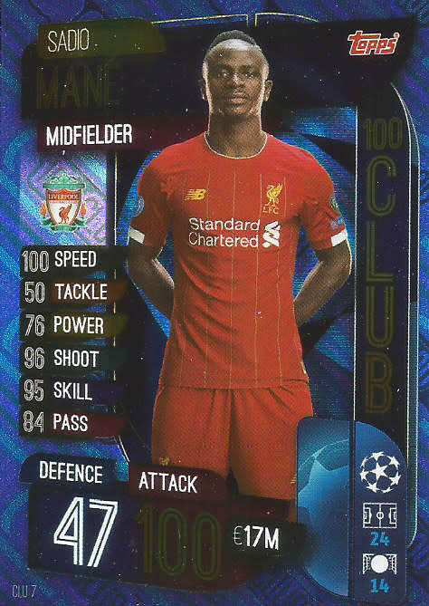 SADIO MANE - CHAMPIONS LEAGUE 2019/20 -  BLUE FOIL "CLUB 100" TRADING CARD