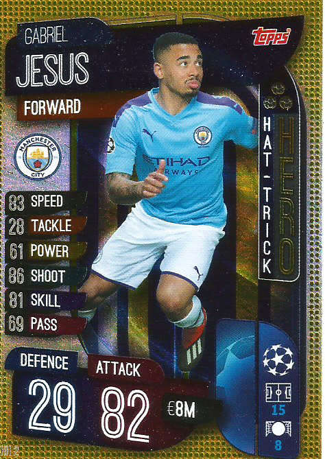 GABRIEL JESUS - CHAMPIONS LEAGUE 2019/20 -  GOLD FOIL "HAT TRICK HERO" TRADING CARD