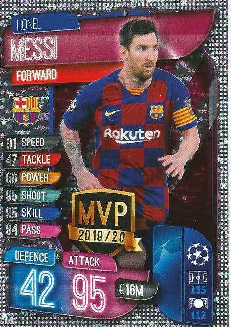 LIONEL MESSI - CHAMPIONS LEAGUE 2019/20 -  SILVER FOIL `MVP` TRADING CARD - C BAR