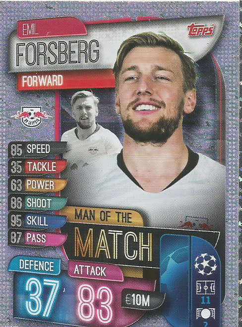 EMIL FORSBERG - CHAMPIONS LEAGUE 2019/20 -  SILVER FOIL "MAN of the MATCH" TRADING CARD