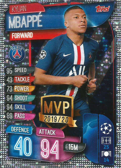KYLIAN MBAPPE - TOPPS CHAMPIONS LEAGUE 2019/20 -  SILVER FOIL `MVP` TRADING CARD - C PSG