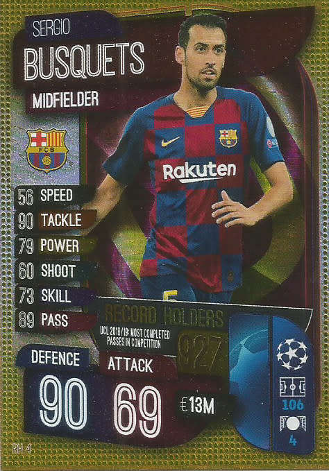 SERGIO BUSQUETS - CHAMPIONS LEAGUE 2019/20 -  GOLD FOIL "RECORD HOLDER" TRADING CARD