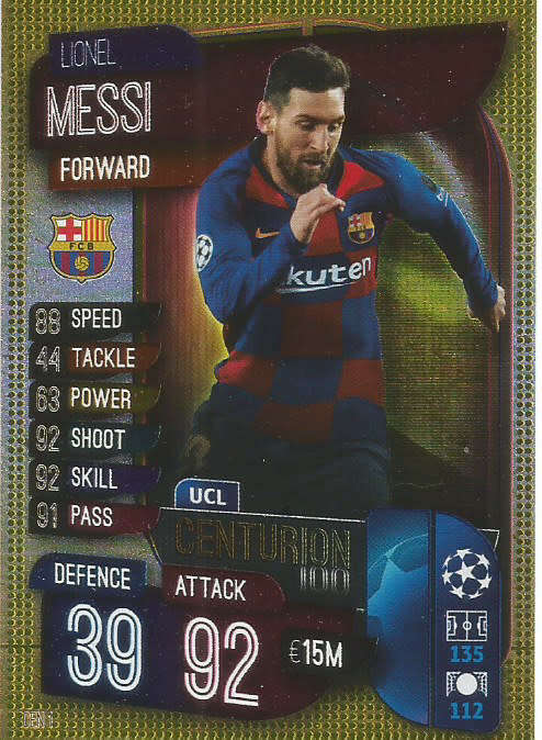 LIONEL MESSI - CHAMPIONS LEAGUE 2019/20 -  GOLD FOIL `CENTURION` TRADING CARD