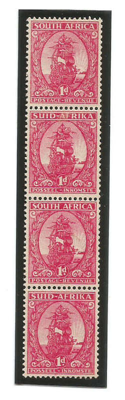 UNION of SOUTH AFRICA 1943 - SACC 105a - VERT. COIL STRIP of 4 - MH