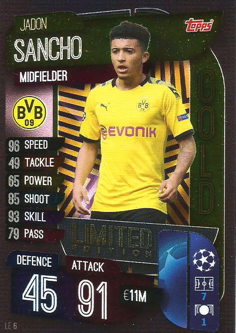 JADON SANCHO - CHAMPIONS LEAGUE 2019/20 -  GOLD FOIL "LIMITED EDITION" TRADING CARD LE6