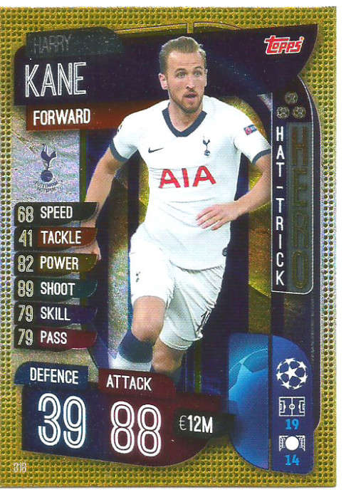 HARRY KANE - CHAMPIONS/EUROPA LEAGUE 2019/20 -  GOLD FOIL "HAT TRICK HERO" TRADING CARD VARIATION