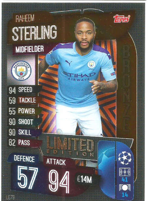 RAHEEM STERLING - CHAMPIONS/EUROPA LEAGUE 2019/20 -  BRONZE FOIL "LIMITED EDITION" TRADING CARD