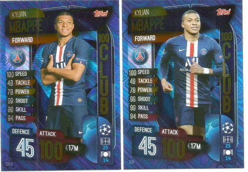 KYLIAN MBAPPE - CHAMPIONS/EUROPA LEAGUE 2019/20 -  BLUE FOIL `CLUB 100` TRADING CARD VARIATION