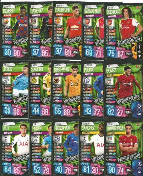 WONDER KIDS - CHAMPIONS/EUROPA LEAGUE 2019/20 -  COMPLETE SET of 15 FOIL TRADING CARDS