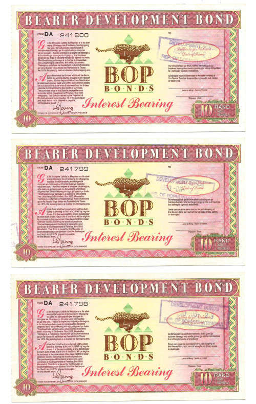 BOP BONDS - BOPHUTHATSWANA - LOT of 3 R10 IN SEQUENCE BOP BONDS - UNC. - LOT B