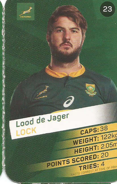 LOOD DE JAGER - 2019 RUGBY WORLD CUP CHAMPIONS - 2019 Pick & Pay RWC COLLECTION CARD 23