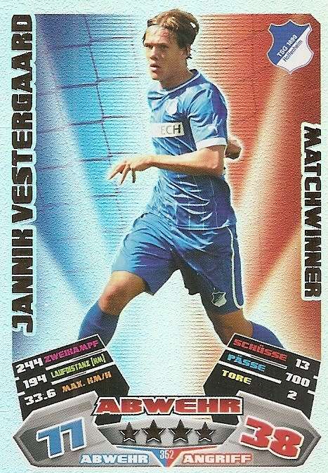 JANNIK VESTERGAARD - MATCH ATTAX "EXTRA" 2013 "BUNDESLIGA" -  "MATCHWINNER" FOIL TRADING CARD