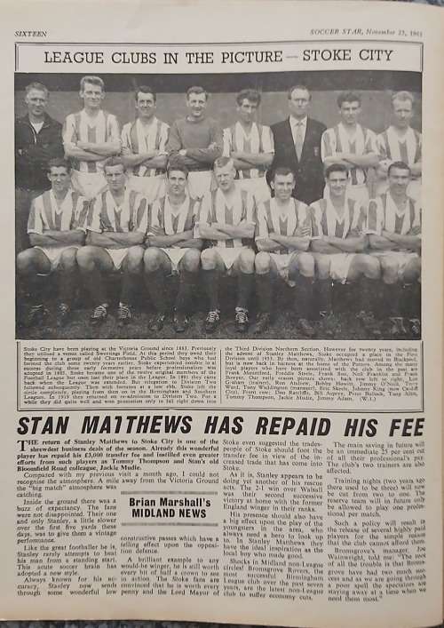 SOCCER STAR MAGAZINE `25th November 1961` ISSUE - IN FAIR CONDITION