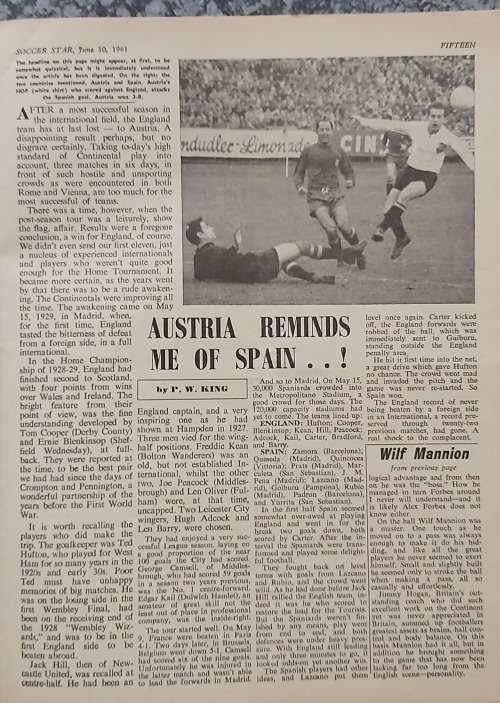SOCCER STAR MAGAZINE `10th June 1961` ISSUE - IN FAIR CONDITION