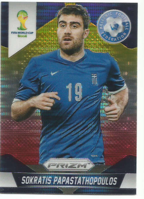 SOKRATIS PAPASTATHOUPOULOS  - WORLD CUP 2014 PANINI "PRIZM" - "YELLOW/RED PULSAR" TRADING CARD 100