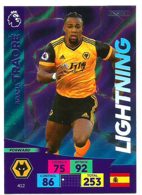 ADAMA TRAORE - ENGLISH PREMIER LEAGUE 20202021 - BLUE FOIL `LIGHTNING` TRADING CARD 412