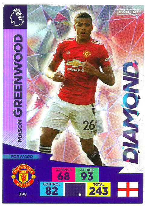 MASON GREENWOOD - ENGLISH PREMIER LEAGUE 20202021 - SILVER FOIL `DIAMOND` TRADING CARD 399
