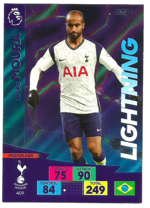 LUCAS MOURA - ENGLISH PREMIER LEAGUE 20202021 - BLUE FOIL `LIGHTNING` TRADING CARD 409