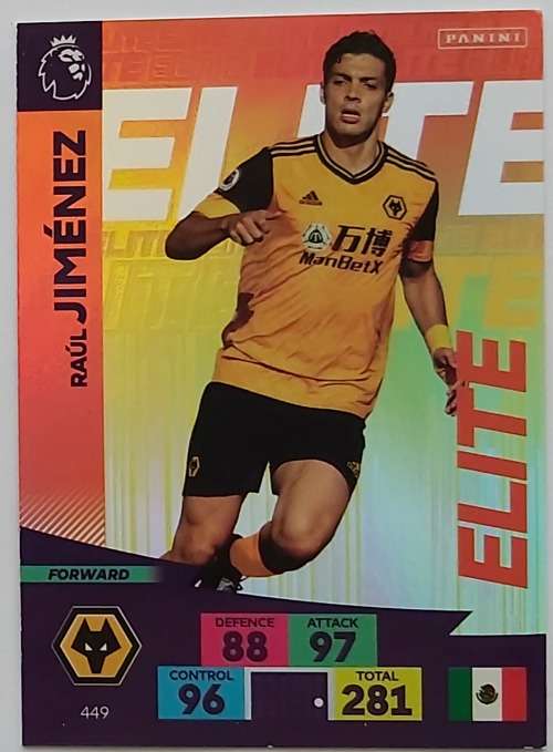 RAUL JIMENEZ - ENGLISH PREMIER LEAGUE 2020/2021 - ORANGE FOIL `ELITE` TRADING CARD 449