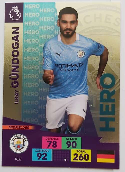 ILKAY GUNDOGAN - ENGLISH PREMIER LEAGUE 20202021 - SILVER FOIL `HERO` TRADING CARD 416
