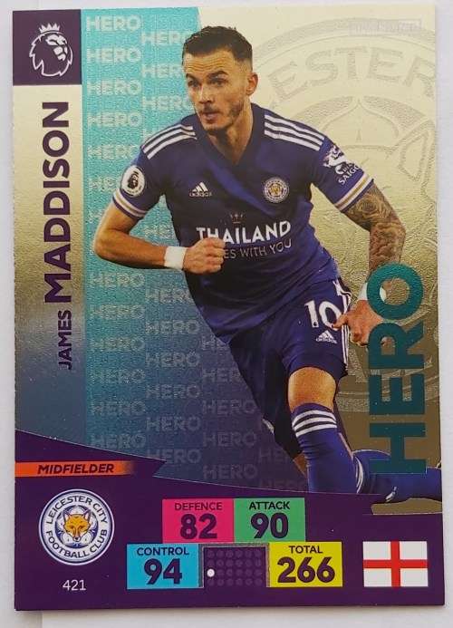 JAMES MADDISON - ENGLISH PREMIER LEAGUE 20202021 - SILVER FOIL `HERO` TRADING CARD 421
