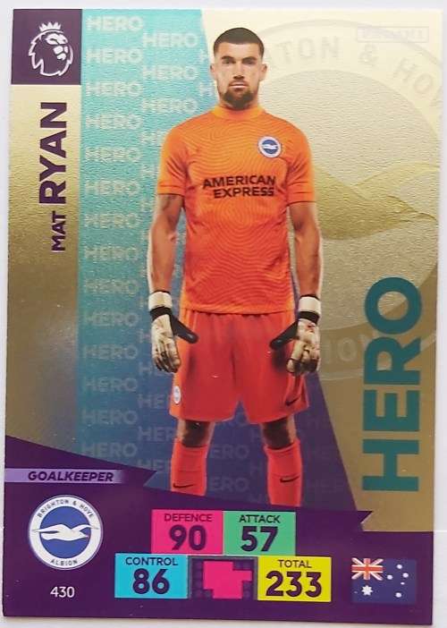 MAT RYAN - ENGLISH PREMIER LEAGUE 20202021 - SILVER FOIL `HERO` TRADING CARD 430