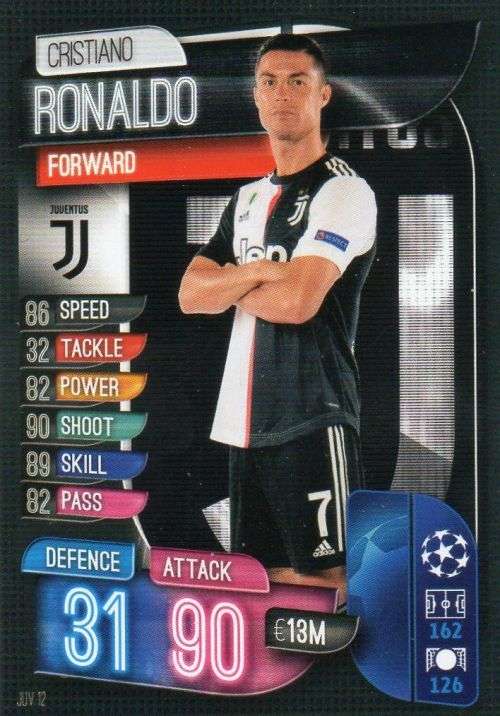 CRISTIANO RONALDO - TOPPS CHAMPIONS LEAGUE 2019/20 - JUVENTUS `BASE` TRADING CARD JUV12